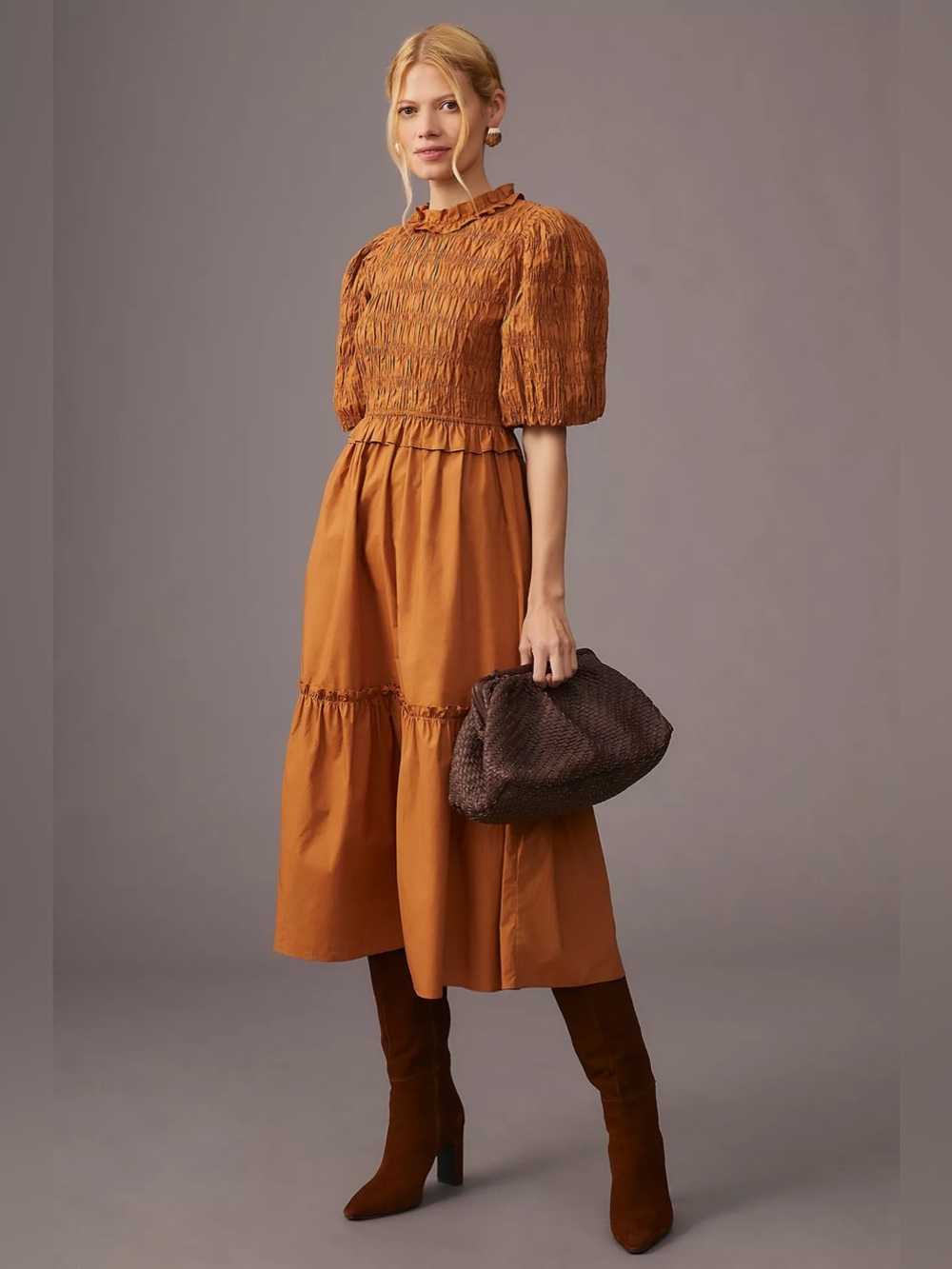 Moon River Smocked Puff-Sleeve Dress M